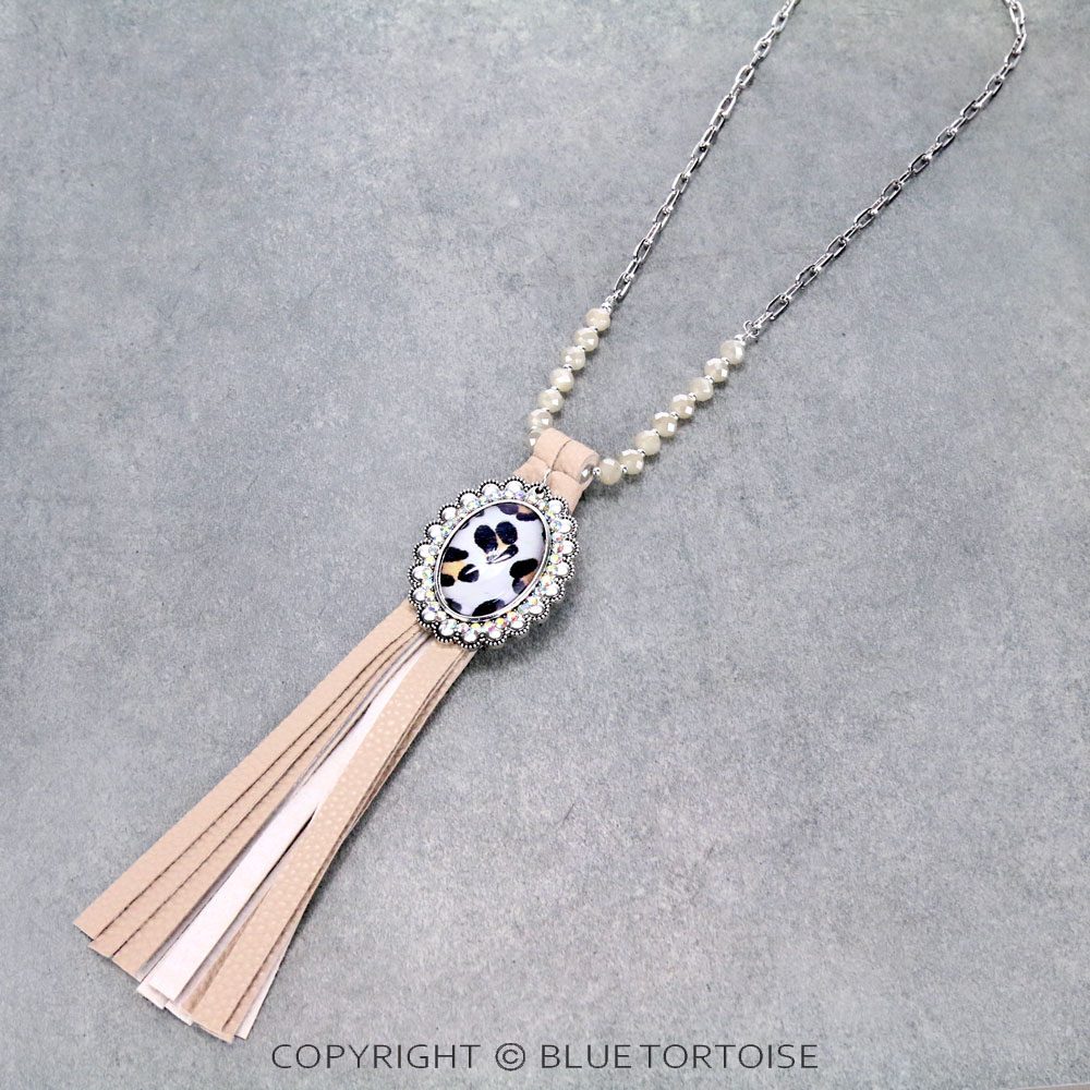 Leopard Bubble with Long Leather Tassel Necklace
