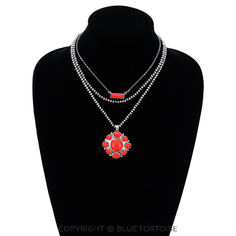 Multi Layered Navajo Style Bead with Concho Stone Pendant Necklace - Image 2