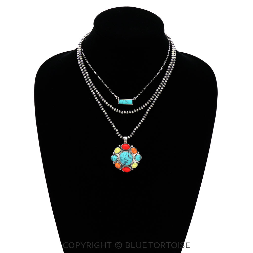 Multi Layered Navajo Style Bead with Concho Stone Pendant Necklace - Image 2