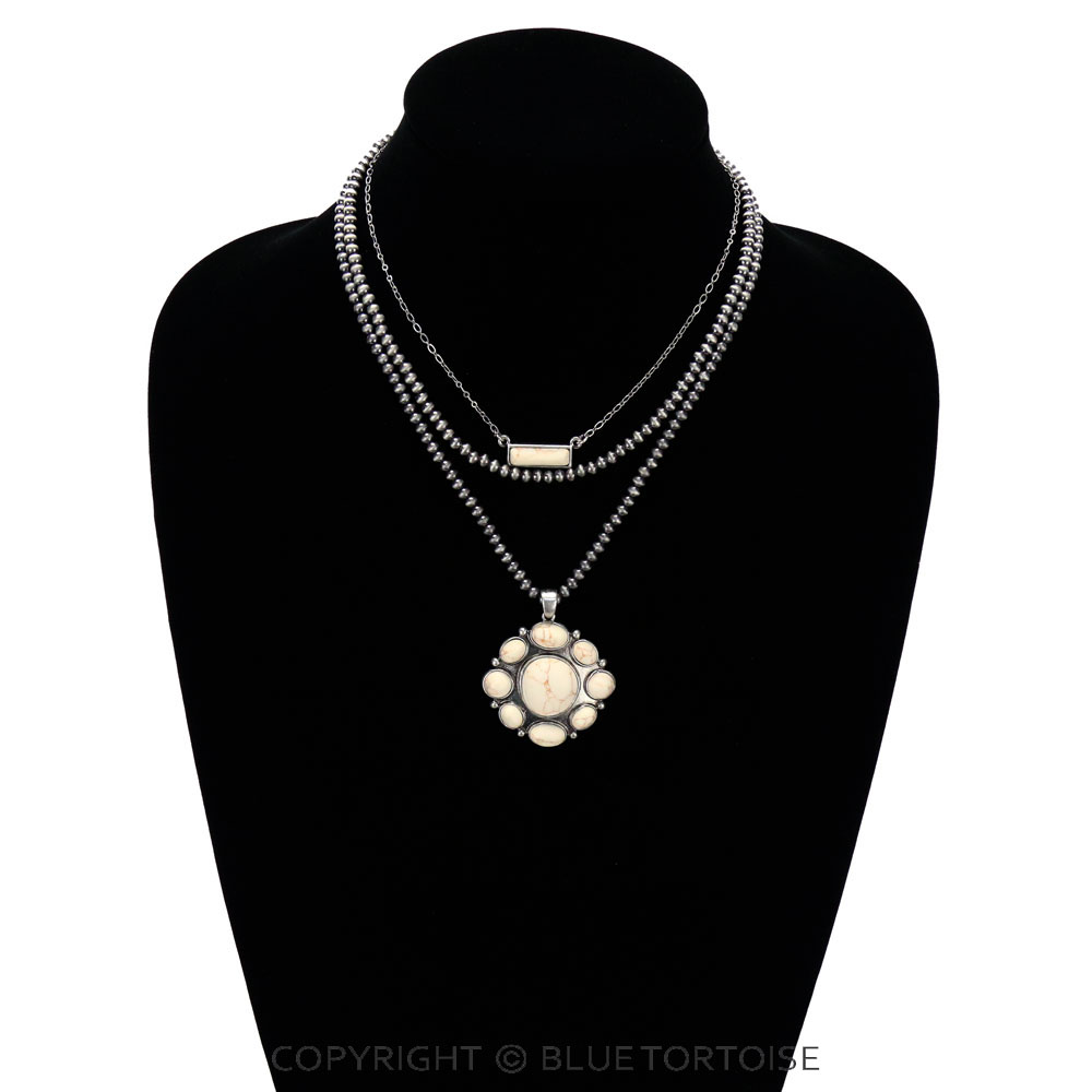 Multi Layered Navajo Style Bead with Concho Stone Pendant Necklace - Image 2