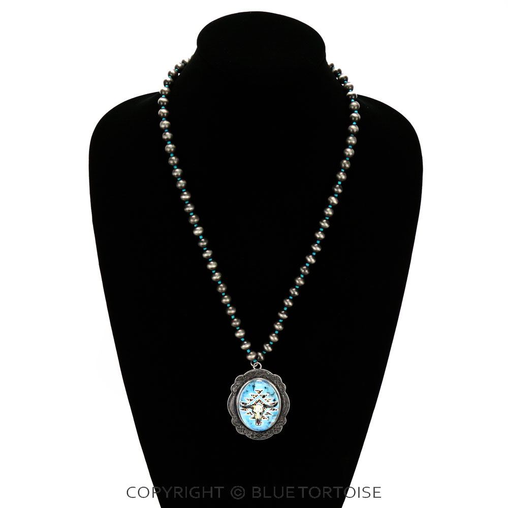 Western Texture Steer Skull Bubble Pendant Necklace - Image 2