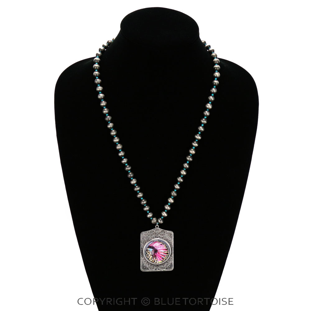Western Texture Indian Head Bubble Pendant Necklace - Image 2
