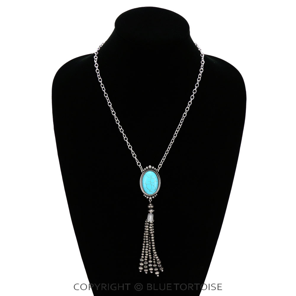 Oval Stone with Navajo Bead Tassel Necklace - Image 2