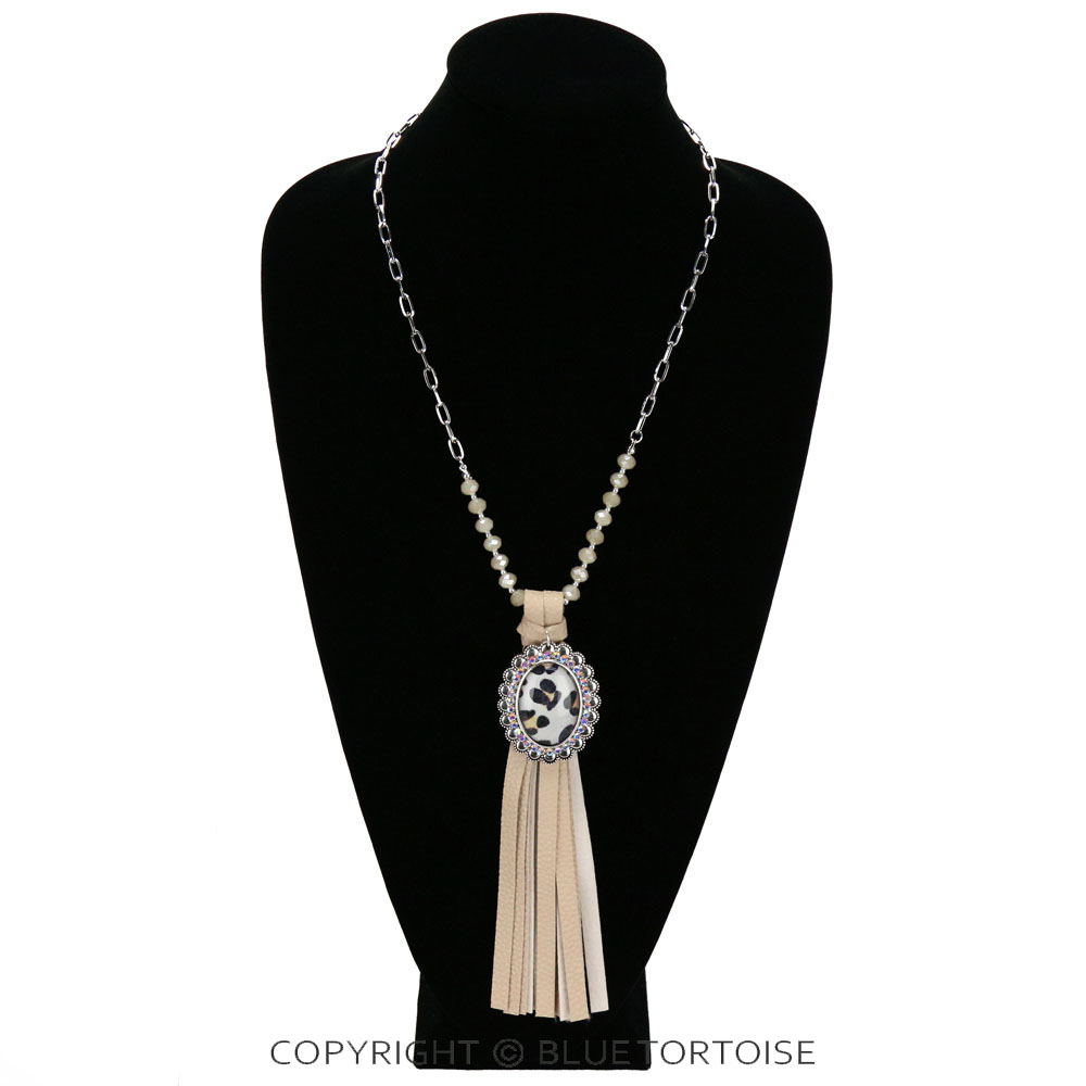 Leopard Bubble with Long Leather Tassel Necklace - Image 2