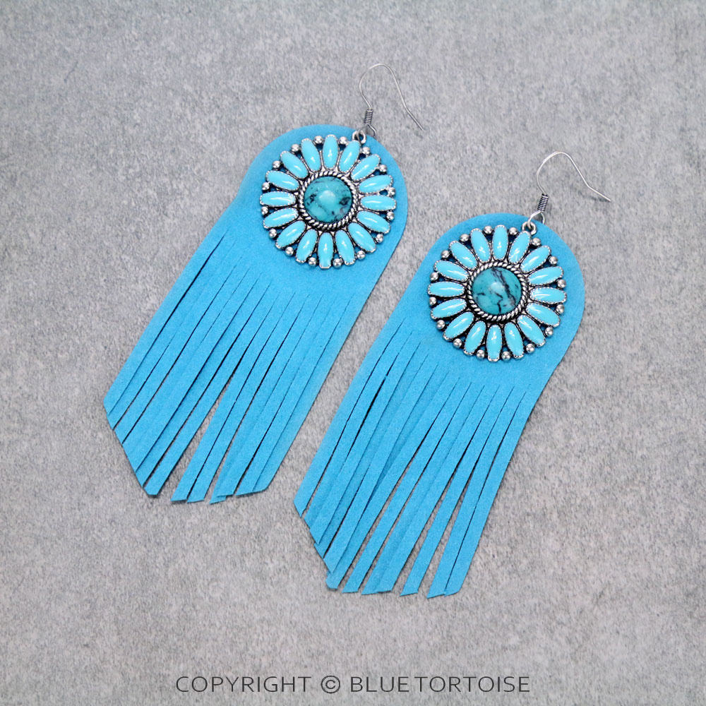 Concho Stone with Leather Tassel Dangle Earrings