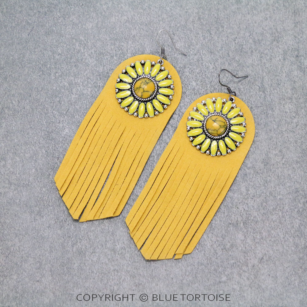 Concho Stone with Leather Tassel Dangle Earrings