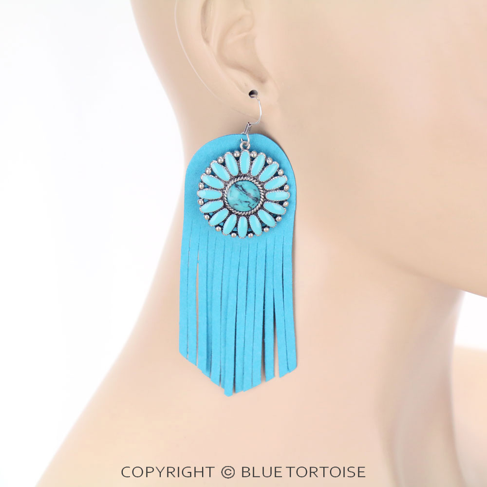 Concho Stone with Leather Tassel Dangle Earrings - Image 2