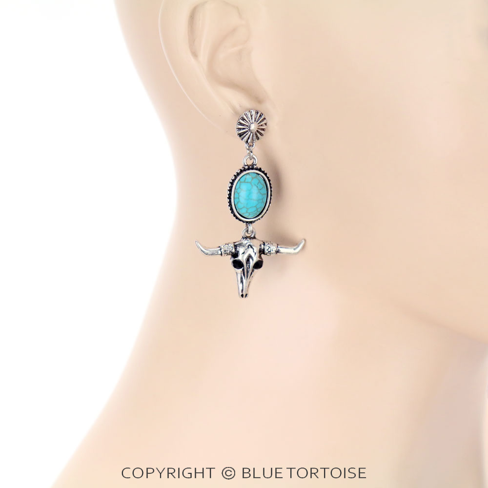 Western Steer Skull Stone Stud Earrings - Image 2