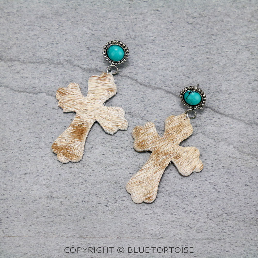 Handmade Cross Leather Stone Stud Earrings