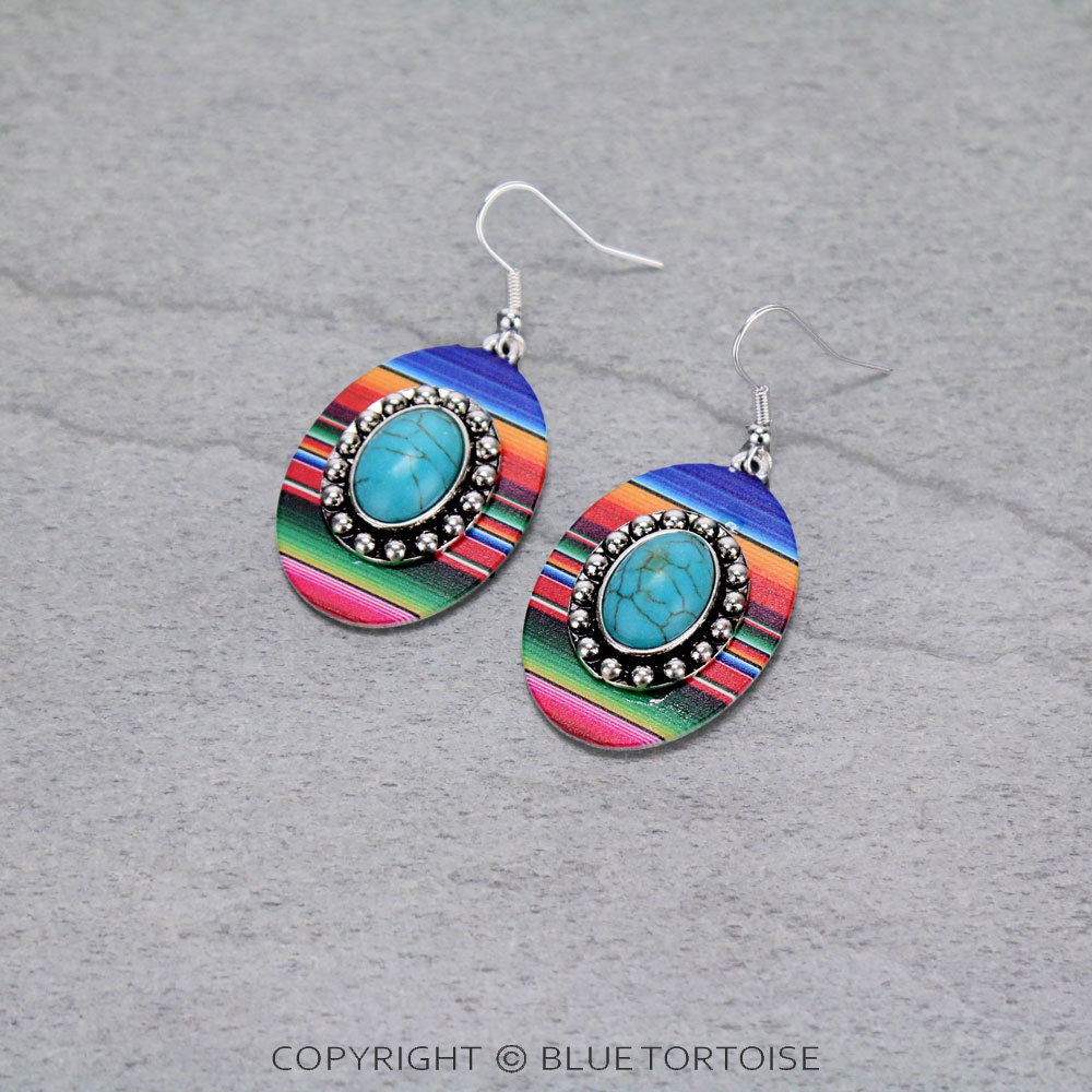 Western Serape Round with Semi Stone Dangle Earrings