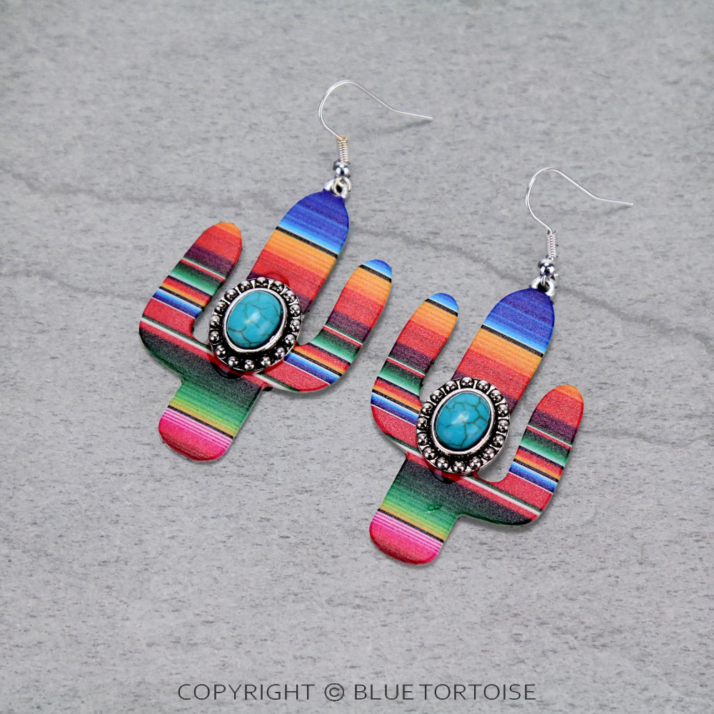 Western Serape Cactus with Semi Stone Dangle Earrings