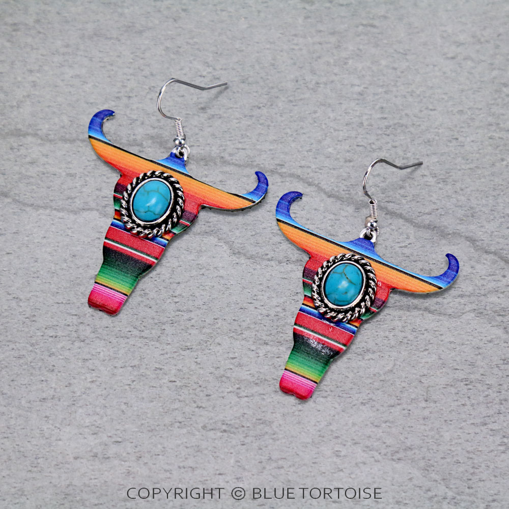 Western Serape Steer Head with Semi Stone Dangle Earrings