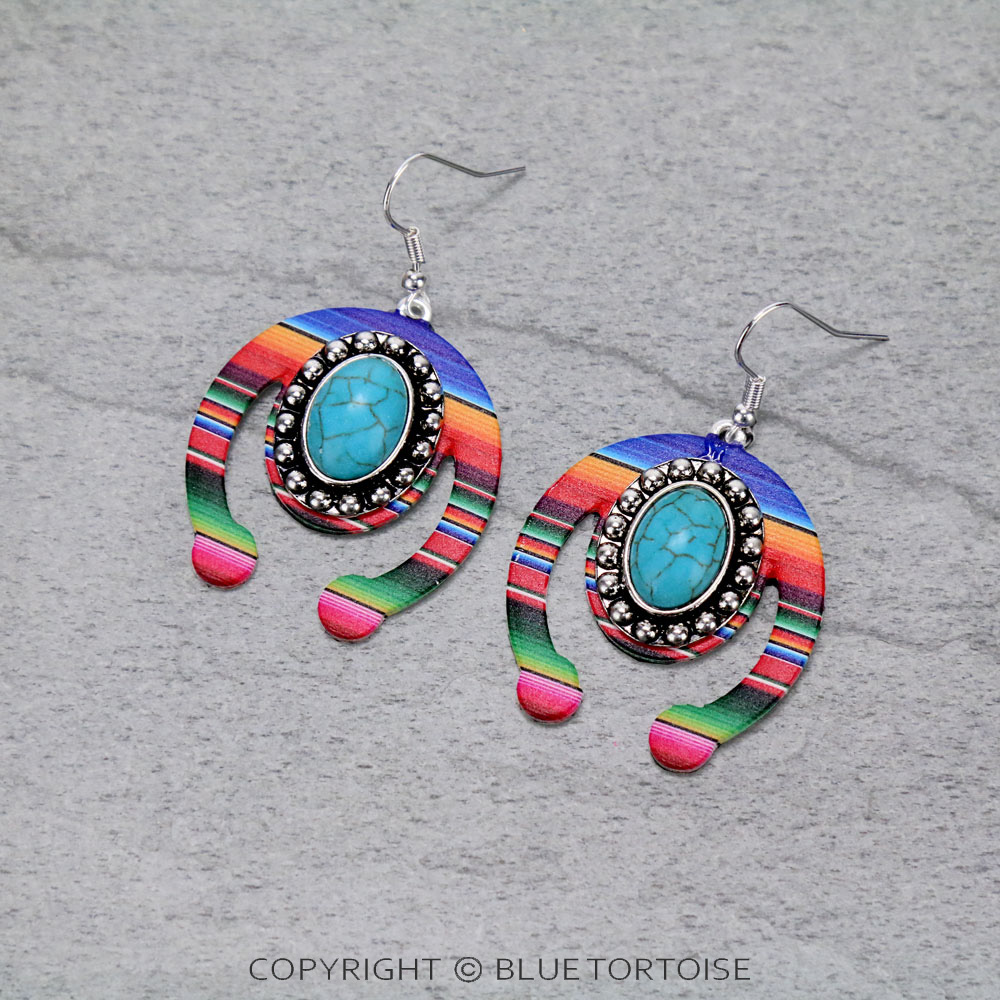 Western Serape Squash Blossom with Semi Stone Dangle Earrings