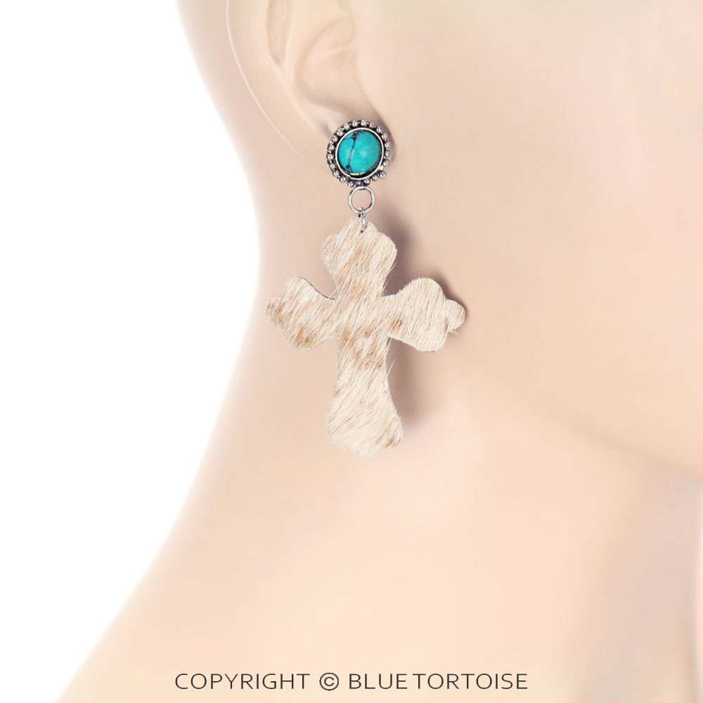 Handmade Cross Leather Stone Stud Earrings - Image 2