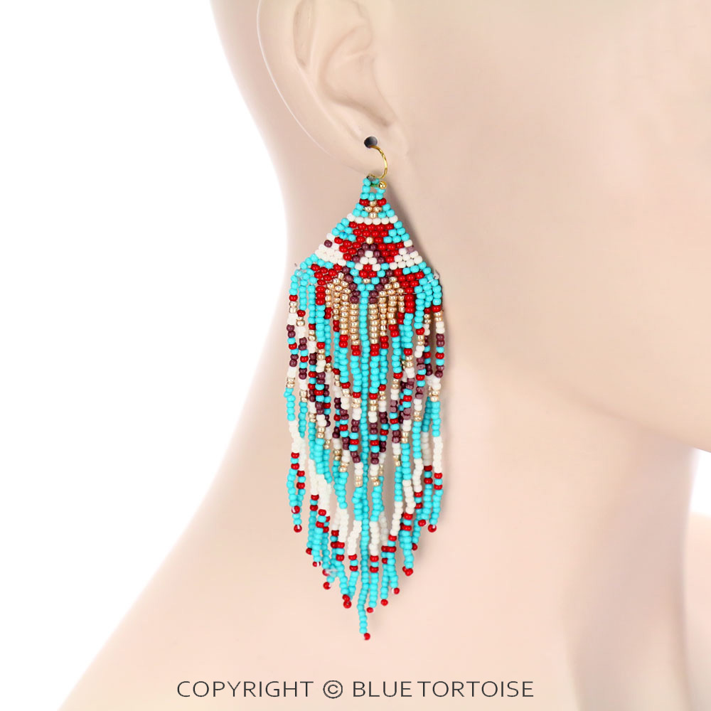 Western Seed Bead Tassel Dangle Earrings - Image 2