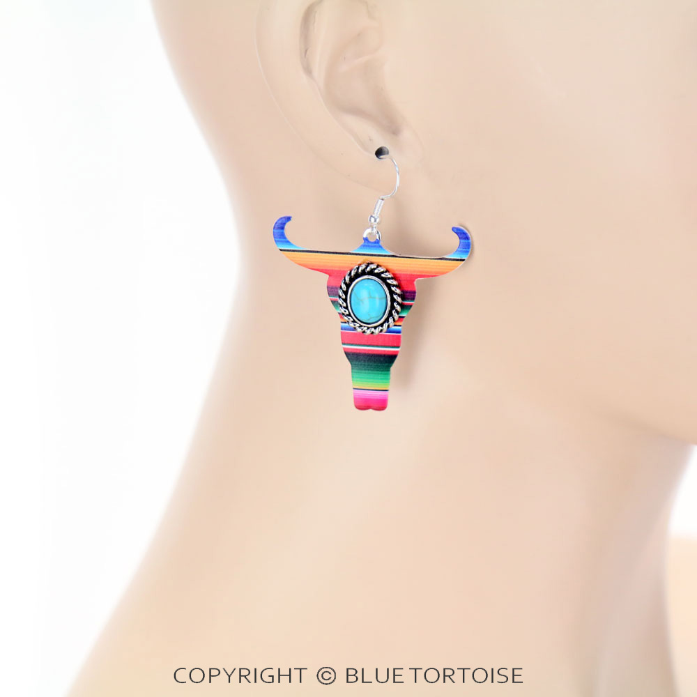 Western Serape Steer Head with Semi Stone Dangle Earrings - Image 2
