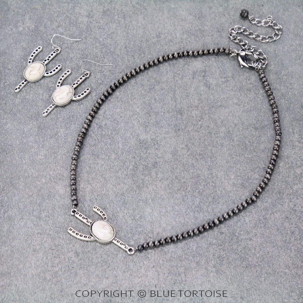 15" Long, 4mm Navajo Style Pearl Choker Necklace, Cactus Natural White Stone Pendant & Earrings
