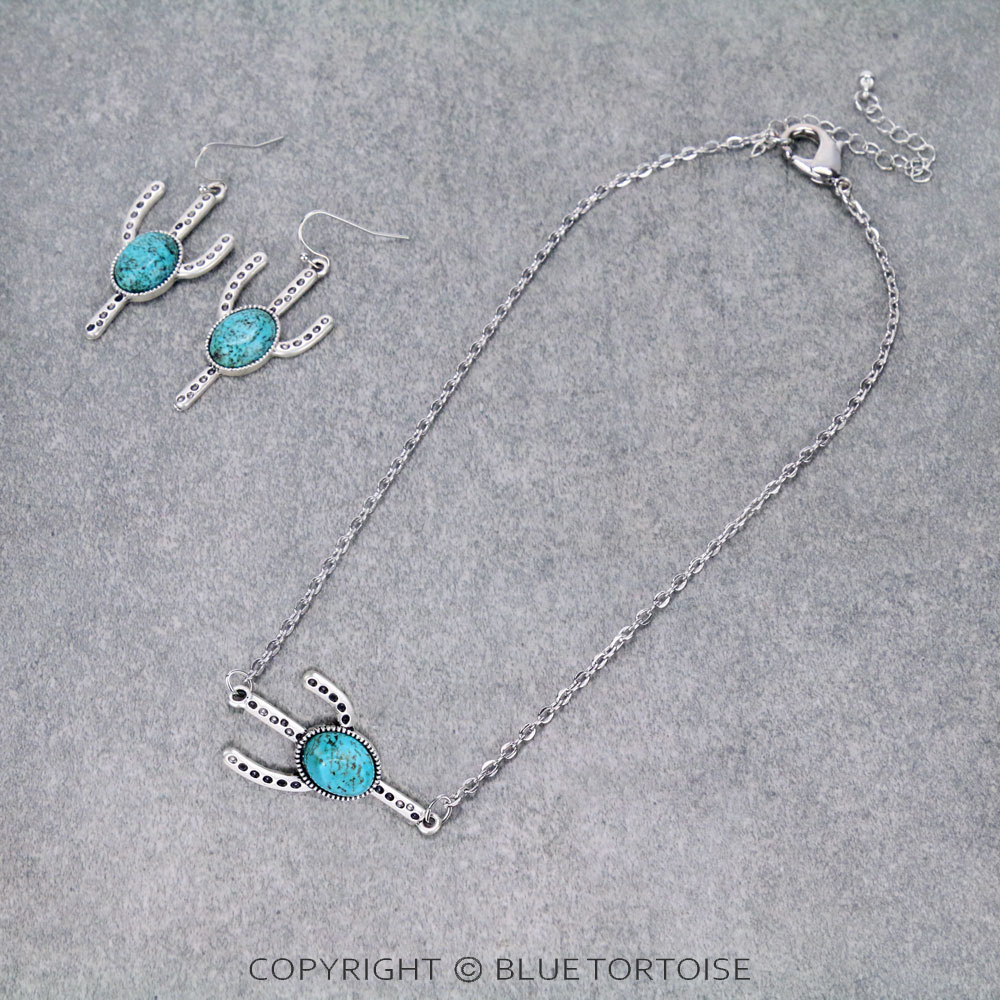 15" Long, Small Cable Chain Necklace, Cactus Natural Stone Pendant & Earrings