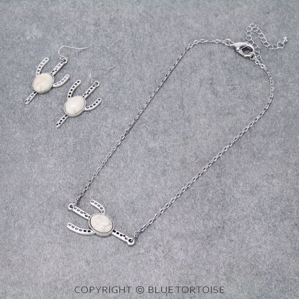 15" Long, Small Cable Chain Necklace, Cactus Natural White Stone Pendant & Earrings