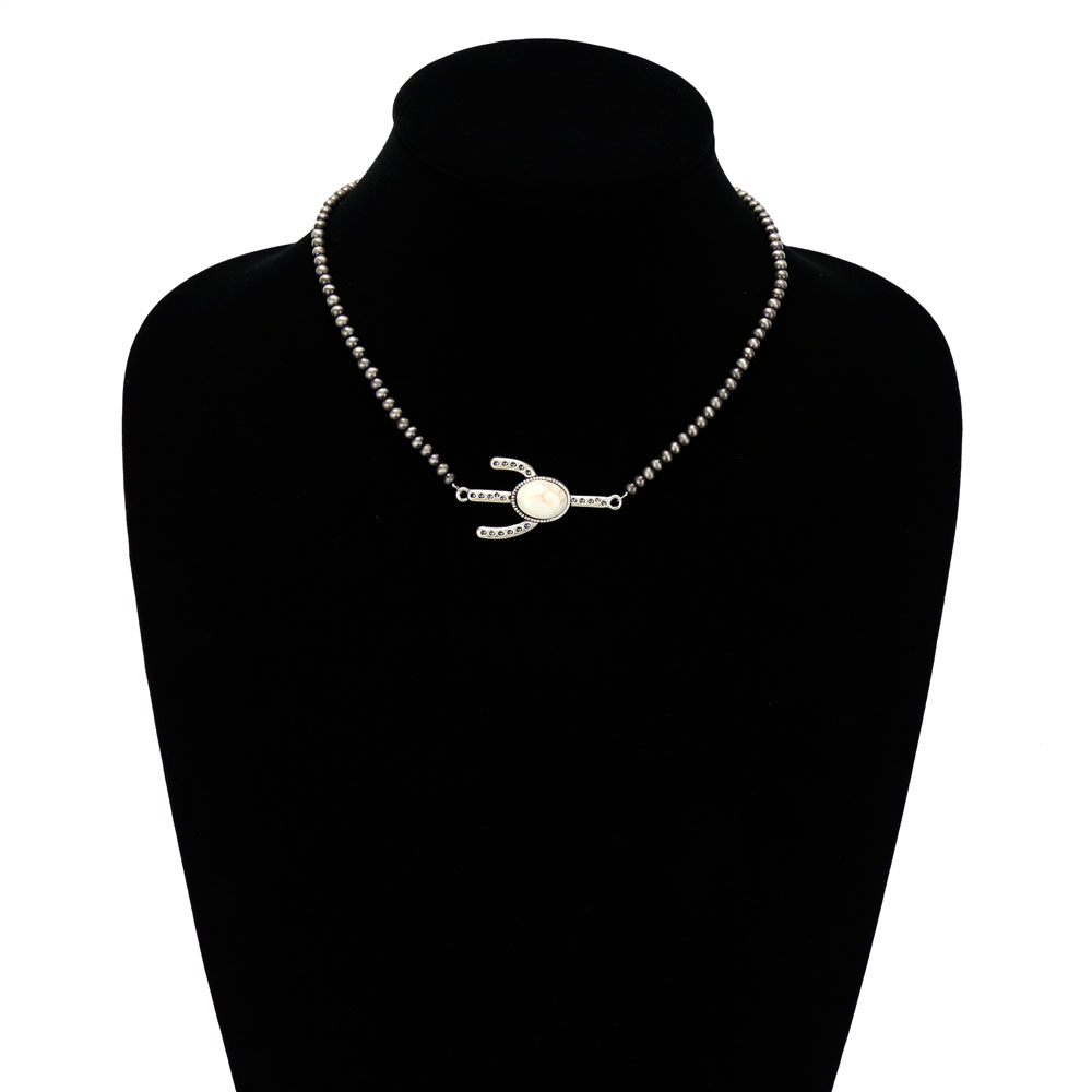 15" Long, 4mm Navajo Style Pearl Choker Necklace, Cactus Natural White Stone Pendant & Earrings - Image 2