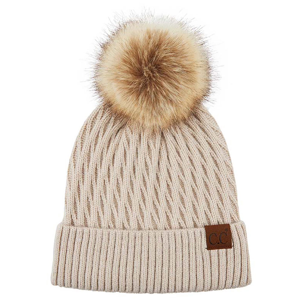 C.C HONEY COMB PATTERN BEANIE WITH NATURAL POM