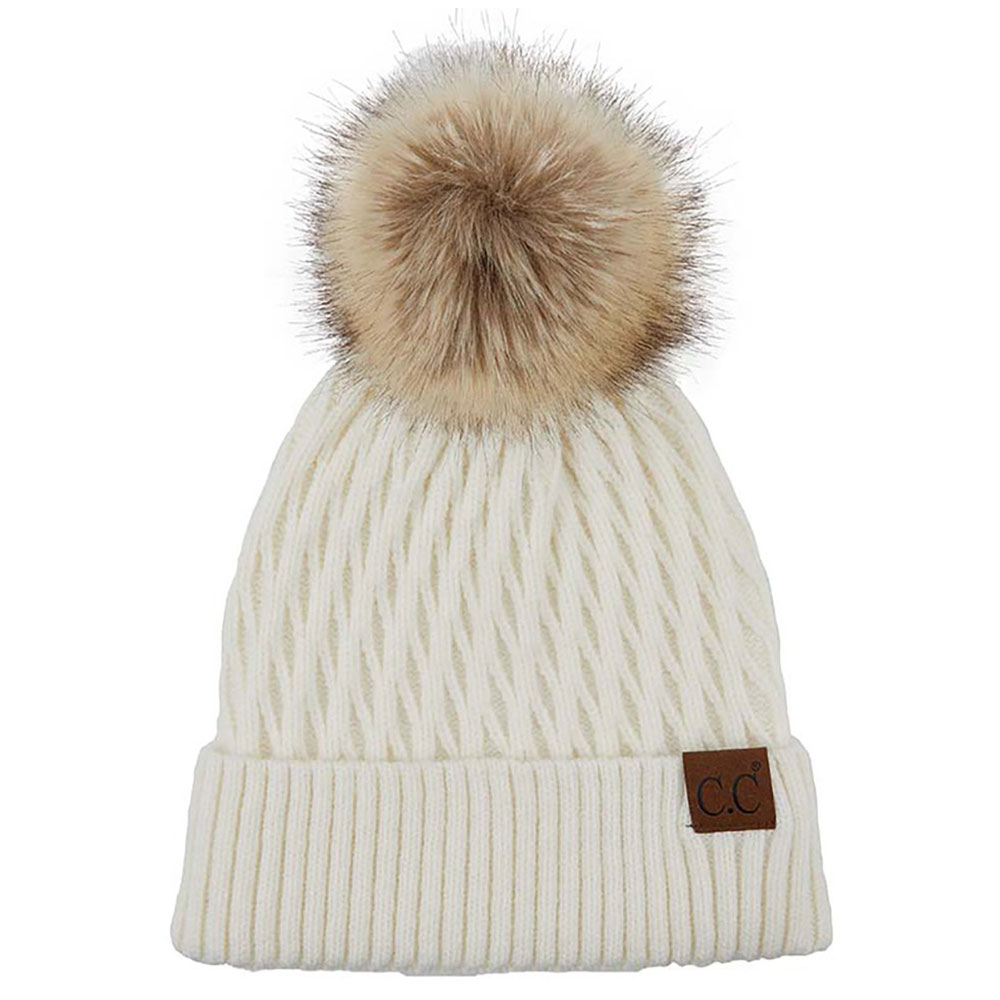 C.C HONEY COMB PATTERN BEANIE WITH NATURAL POM