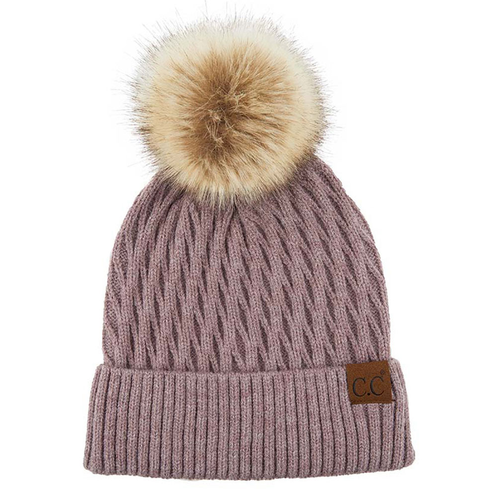 C.C HONEY COMB PATTERN BEANIE WITH NATURAL POM