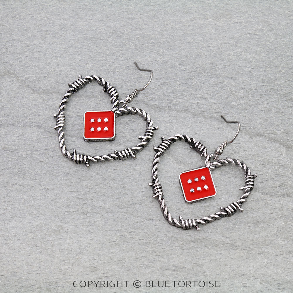 Western Barbed Heart with Dice Dangle Earrings