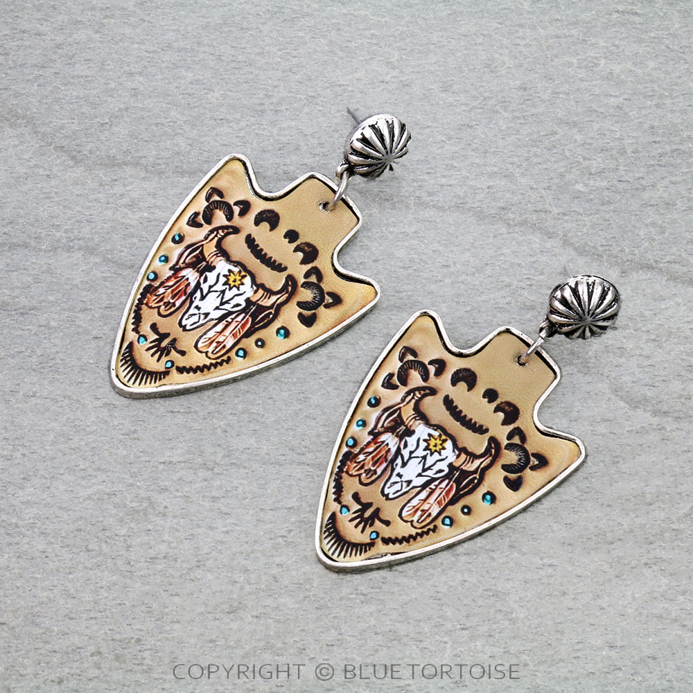 Western Steer Skull Leather Arrowhead Stud Earrings