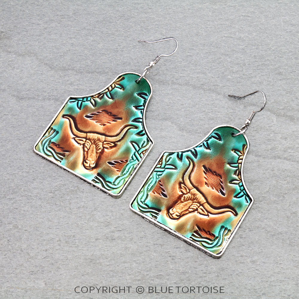 Western Steer Cow Leather Ear Tag Dangle Earrings
