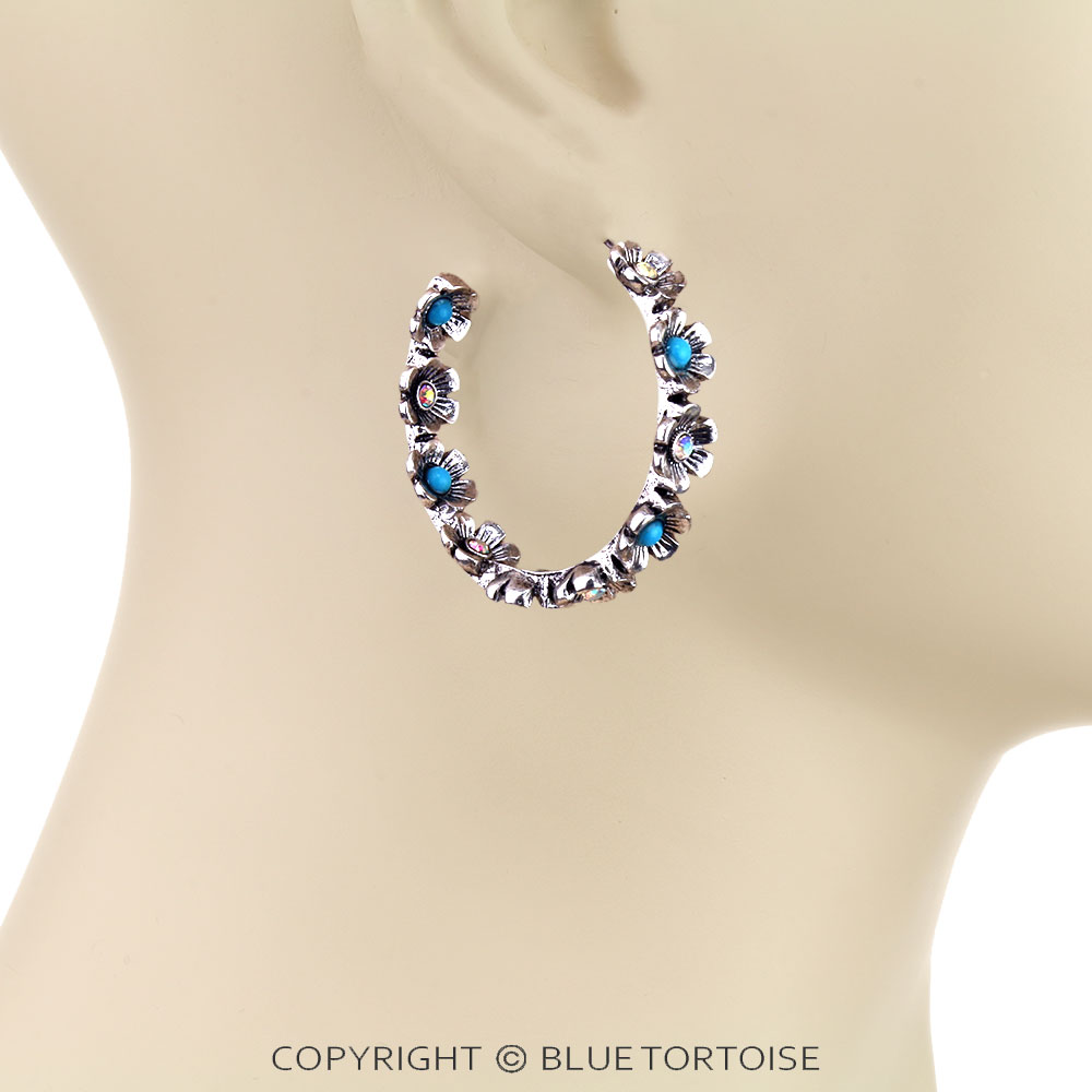Western Flower Rhinestone Hoop Earrings - Image 2