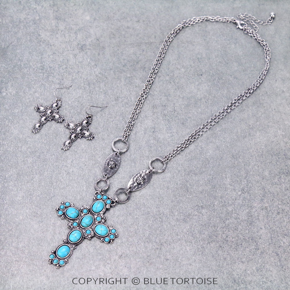 Western Semi Stone Cross Necklace Set