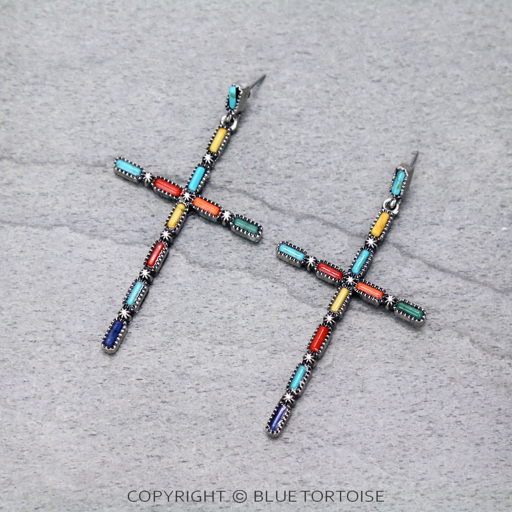 Western Cross Stone Stud Earrings