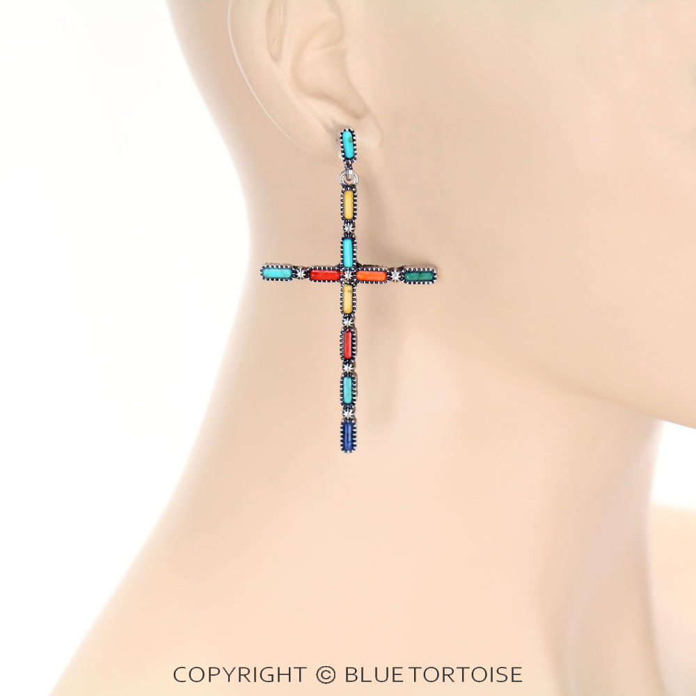 Western Cross Stone Stud Earrings - Image 2