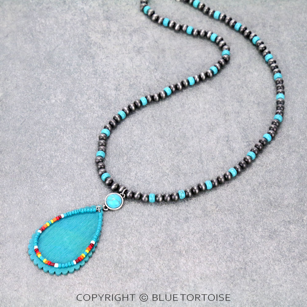 Navajo Style Bead with Wood & Seed Bead Teardrop Pendant Necklace