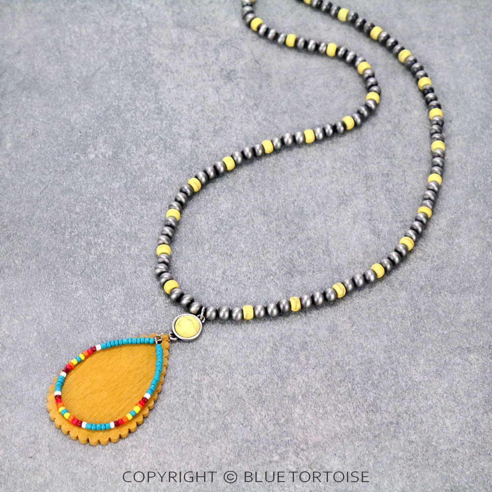 Navajo Style Bead with Wood & Seed Bead Teardrop Pendant Necklace