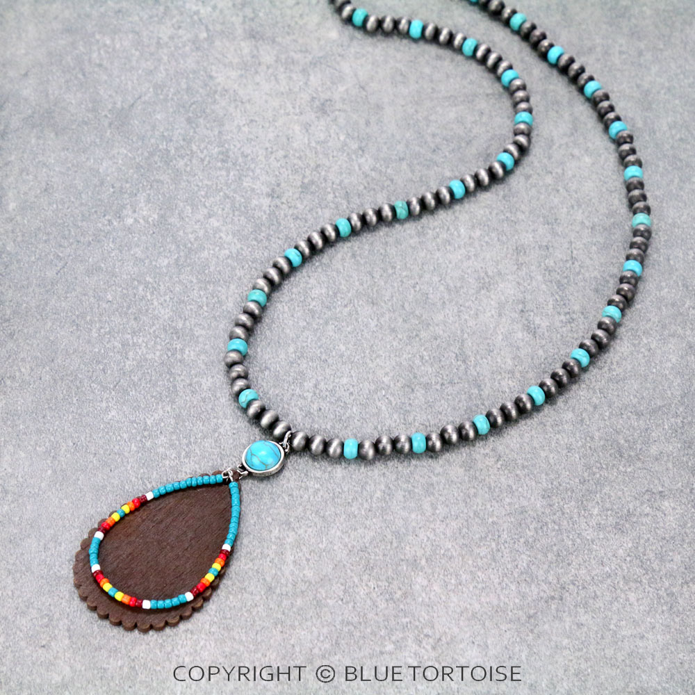 Navajo Style Bead with Wood & Seed Bead Teardrop Pendant Necklace