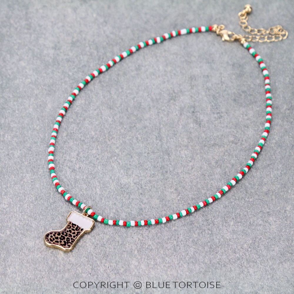 Christmas Socks Pendant Seed Bead Necklace