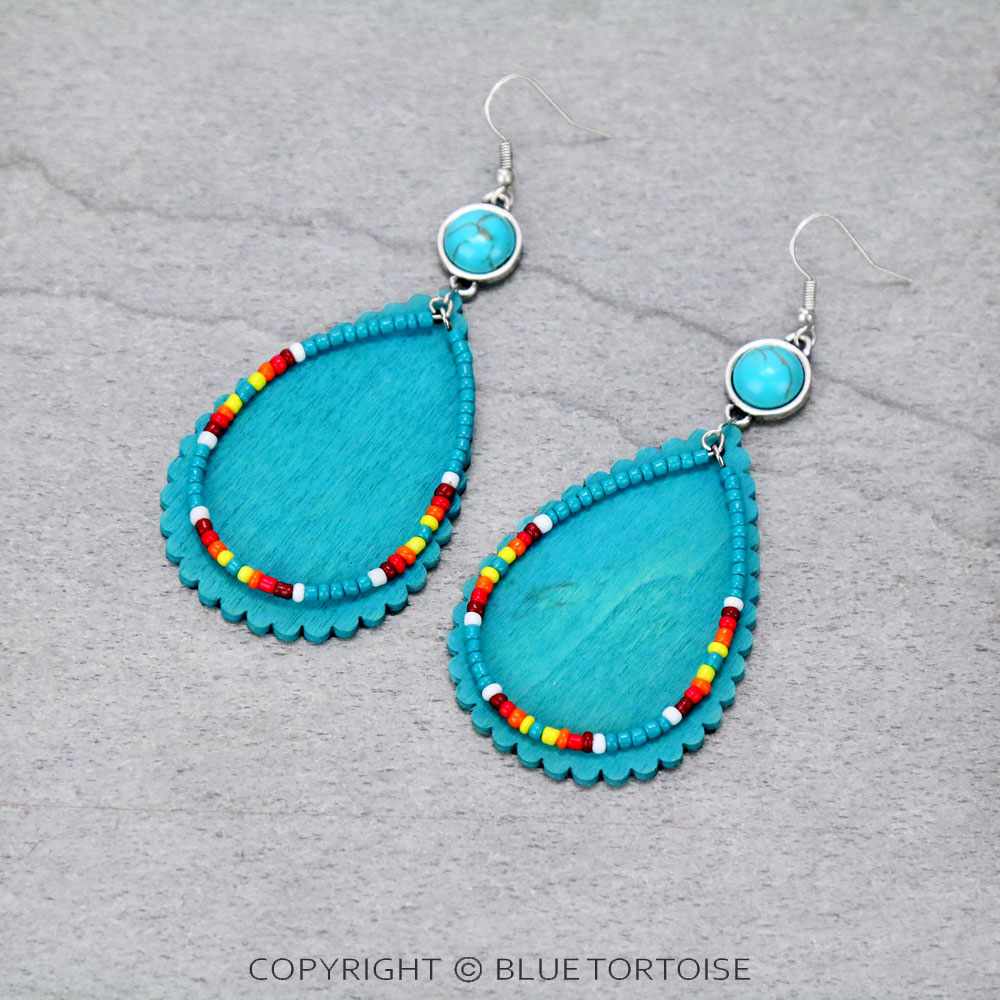 Western Wood & Seed Bead Teardrop Dangle Earrings