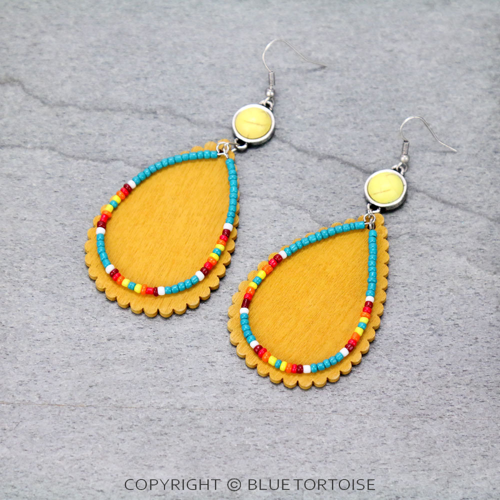 Western Wood & Seed Bead Teardrop Dangle Earrings