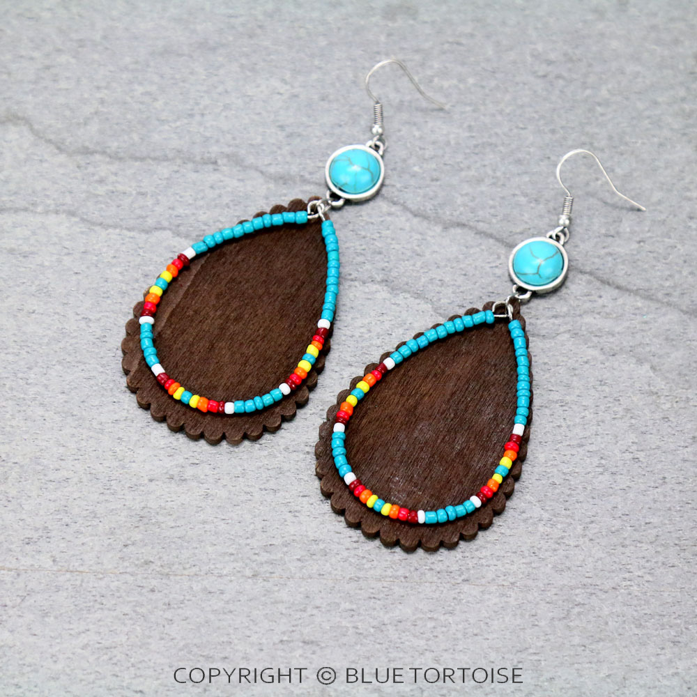 Western Wood & Seed Bead Teardrop Dangle Earrings