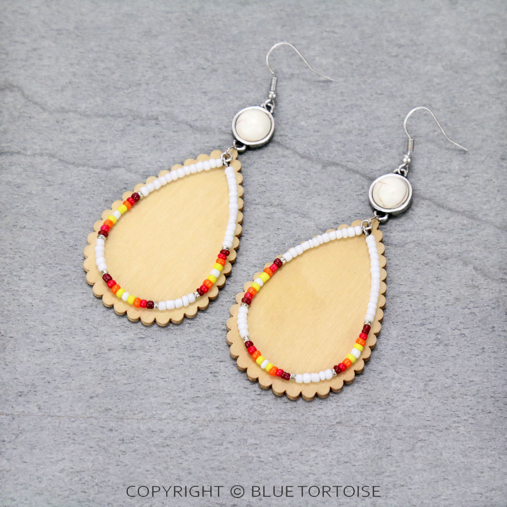 Western Wood & Seed Bead Teardrop Dangle Earrings