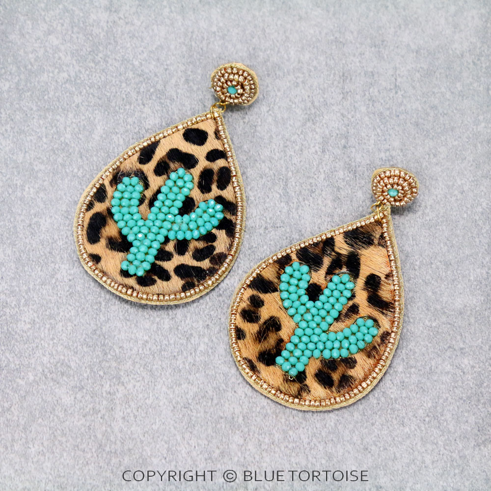 Leopard Leather Cactus Stud Earrings