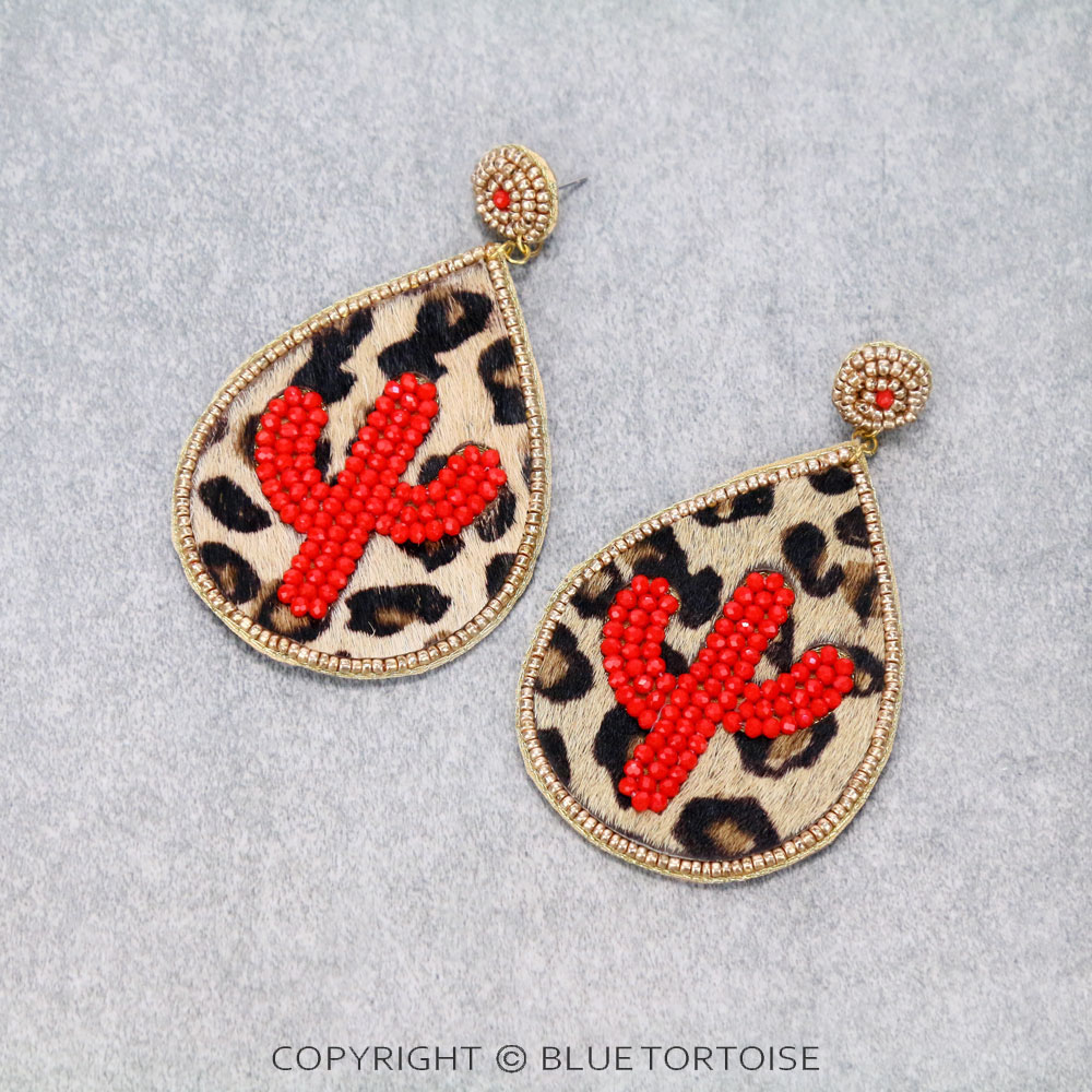 Leopard Leather Cactus Stud Earrings