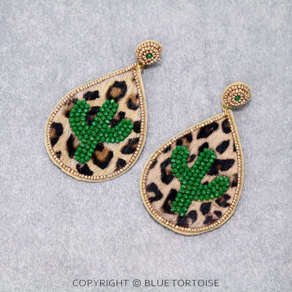 Leopard Leather Cactus Stud Earrings