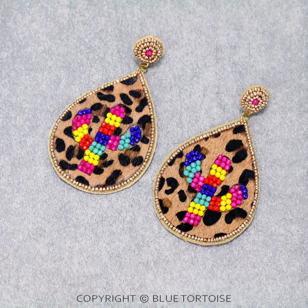 Leopard Leather Cactus Stud Earrings