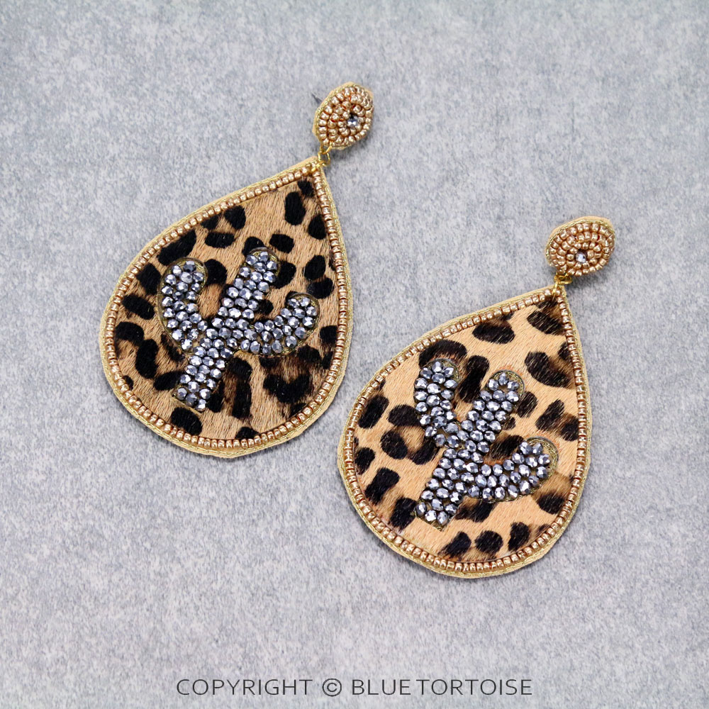 Leopard Leather Cactus Stud Earrings
