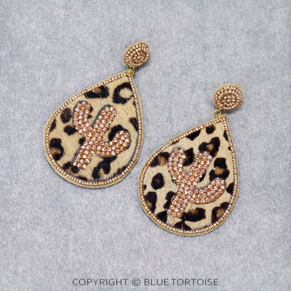 Leopard Leather Cactus Stud Earrings