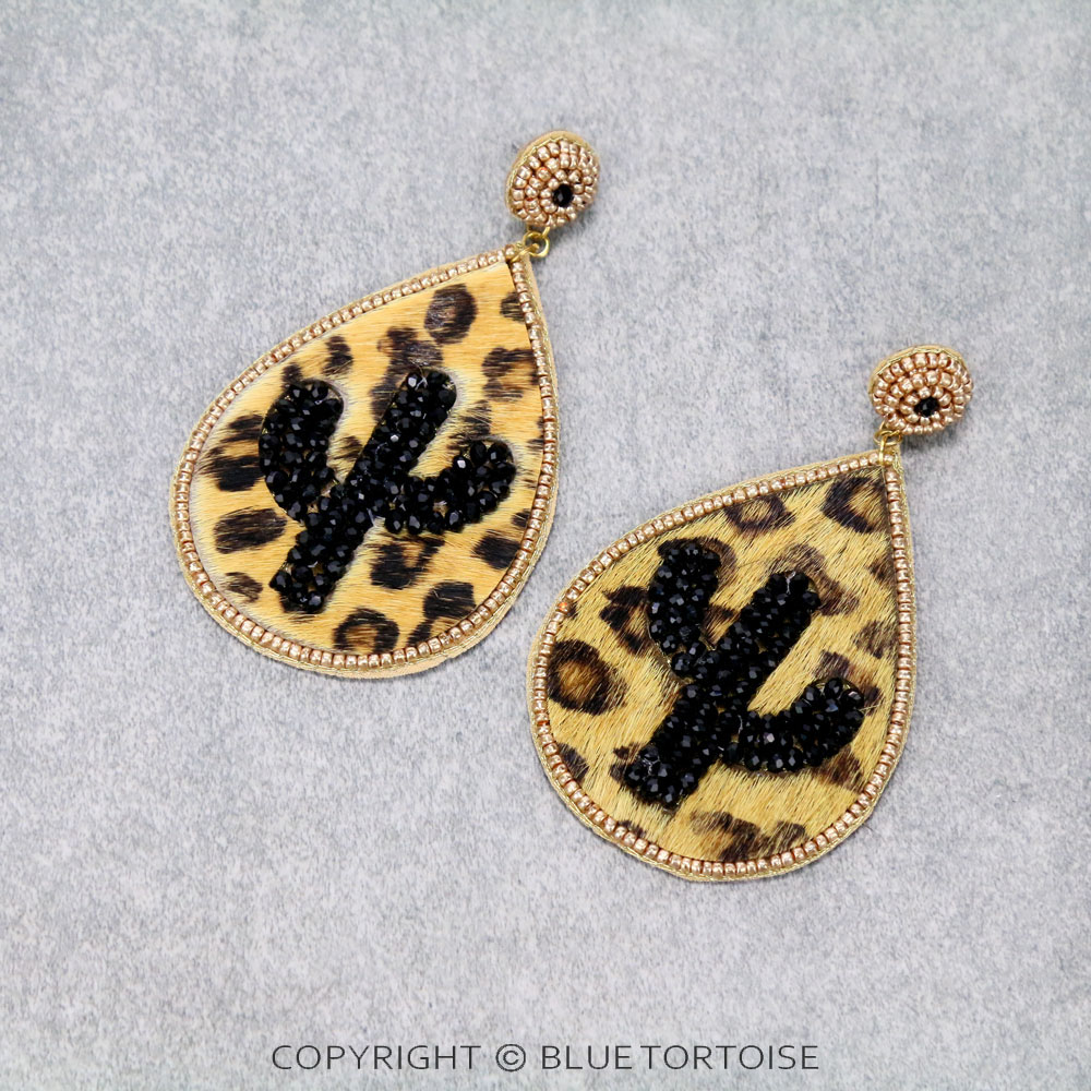 Leopard Leather Cactus Stud Earrings