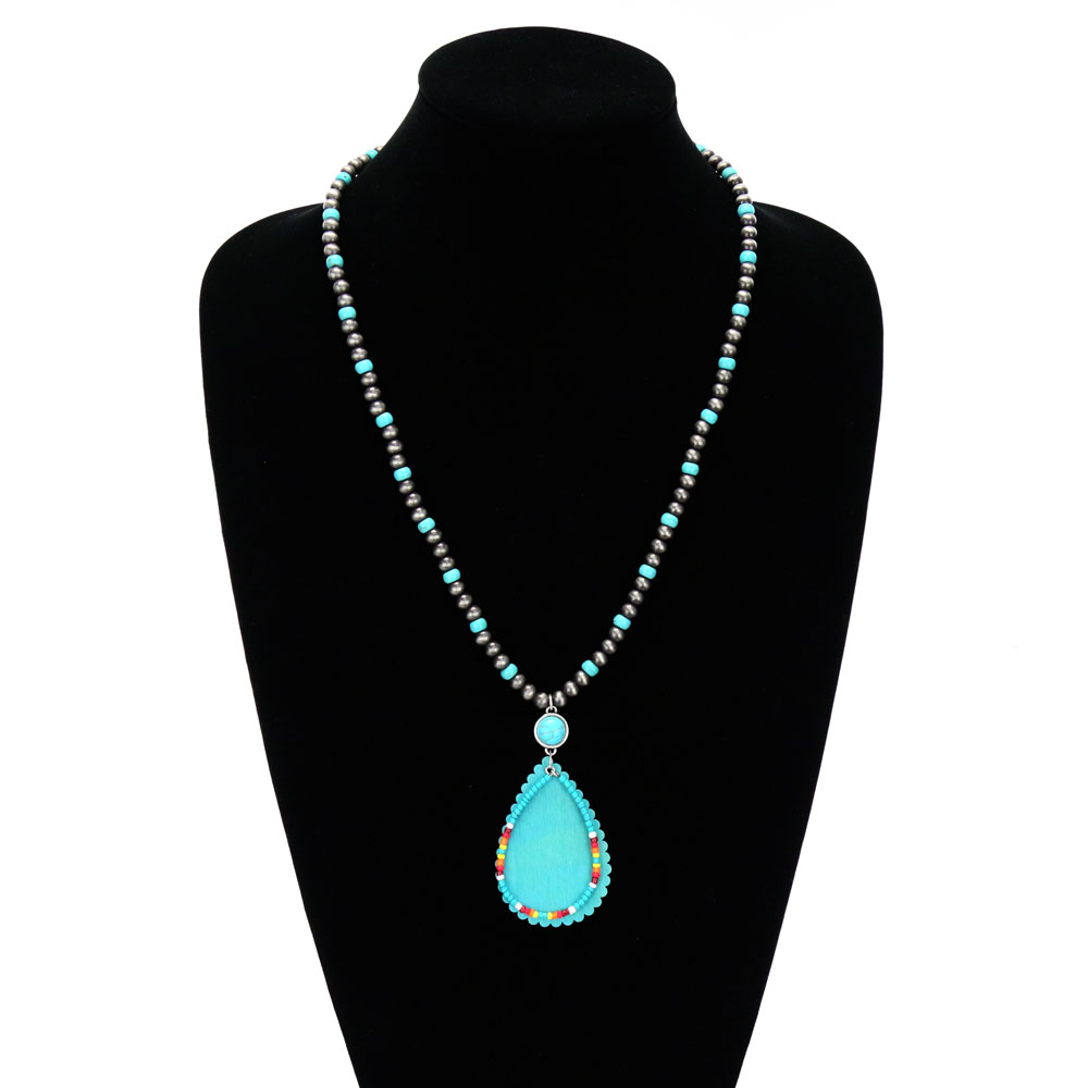 Navajo Style Bead with Wood & Seed Bead Teardrop Pendant Necklace - Image 2